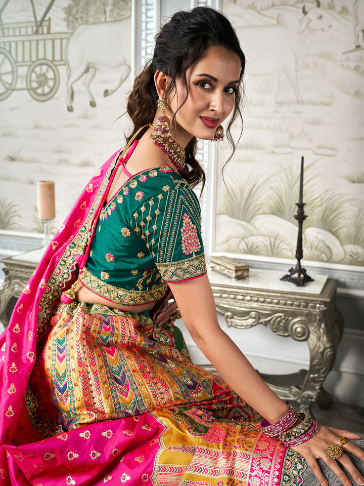 Fascinating Multi-Color Zari Weaving Banarasi Silk Lehenga Choli