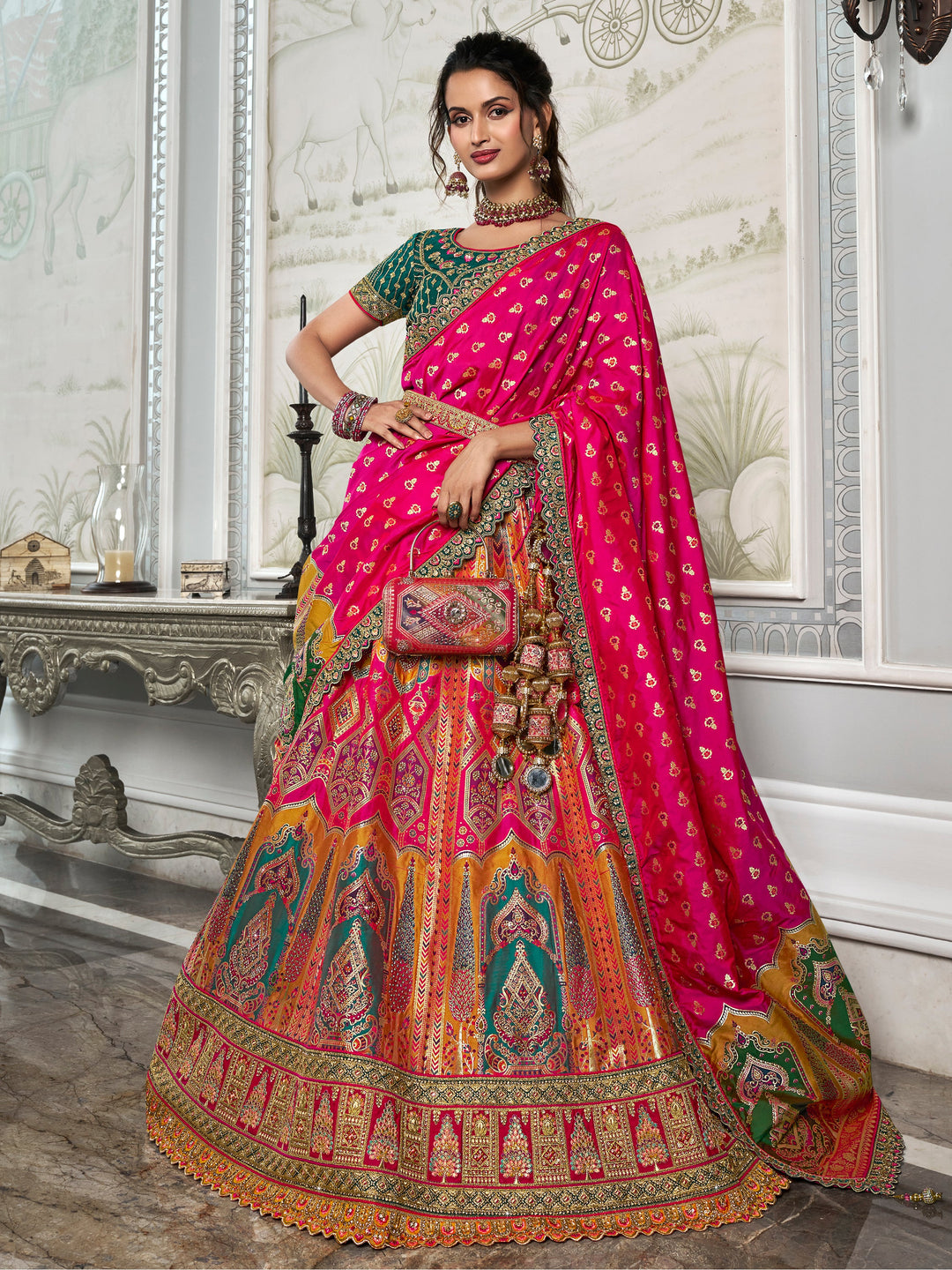 Fascinating Multi-Color Zari Weaving Banarasi Silk Lehenga Choli