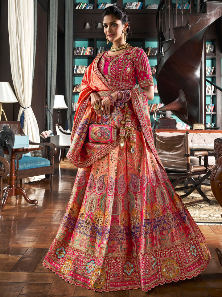 Bewitching Peach Zari Weaving Banarasi Silk Wedding Lehenga Choli