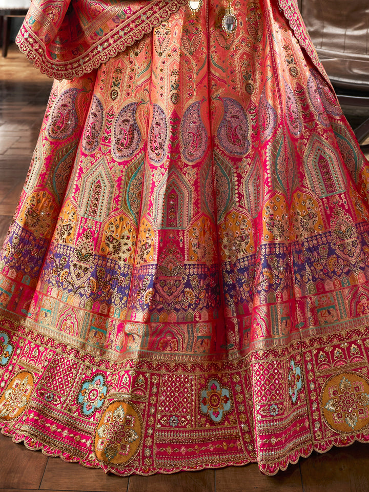 Bewitching Peach Zari Weaving Banarasi Silk Wedding Lehenga Choli