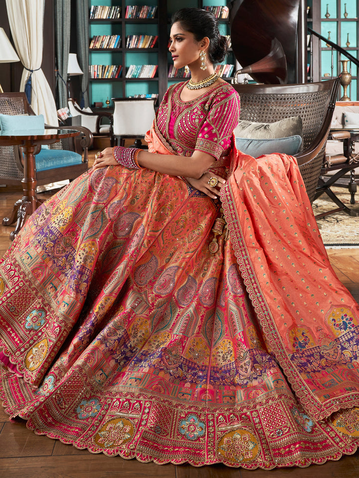 Bewitching Peach Zari Weaving Banarasi Silk Wedding Lehenga Choli