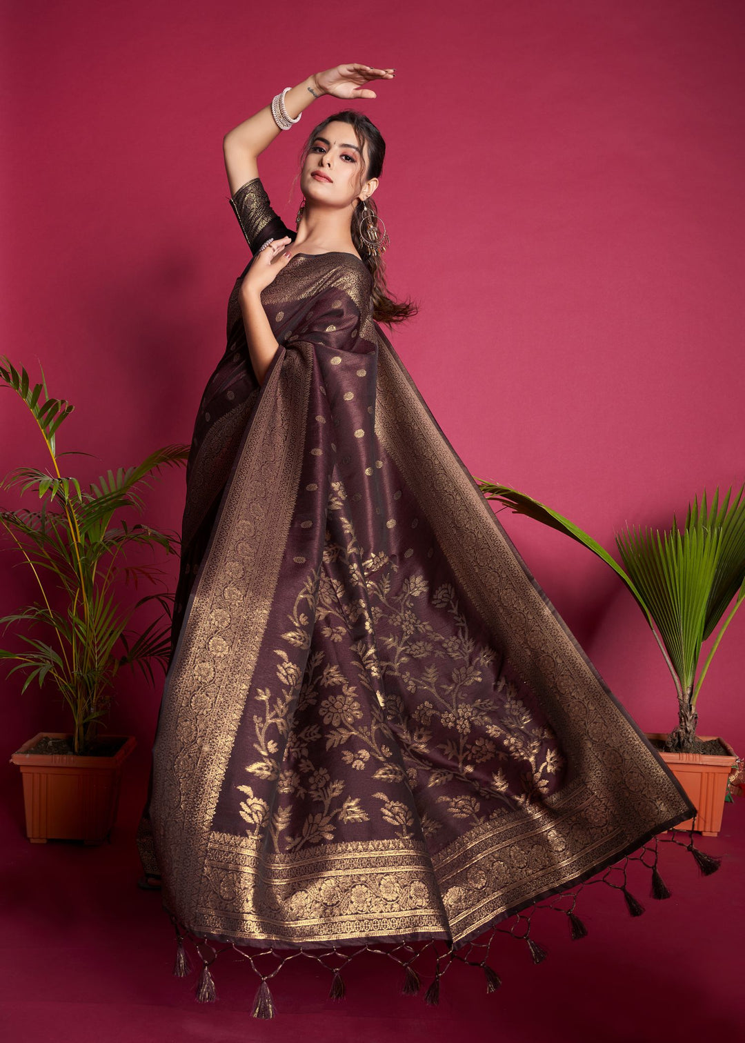 Traditional Wine Indian wedding saree with rich zari weaving and luxurious tassels, perfect for cultural events.