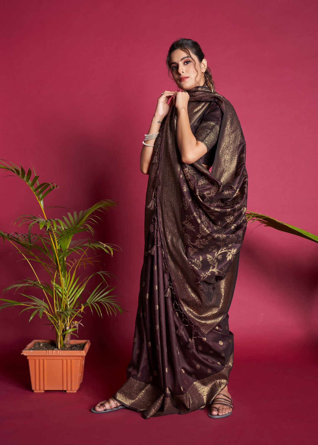 Ethnic fashion at its best, this Wine saree is crafted with Banarasi raw silk, featuring intricate zari work and a luxury border.