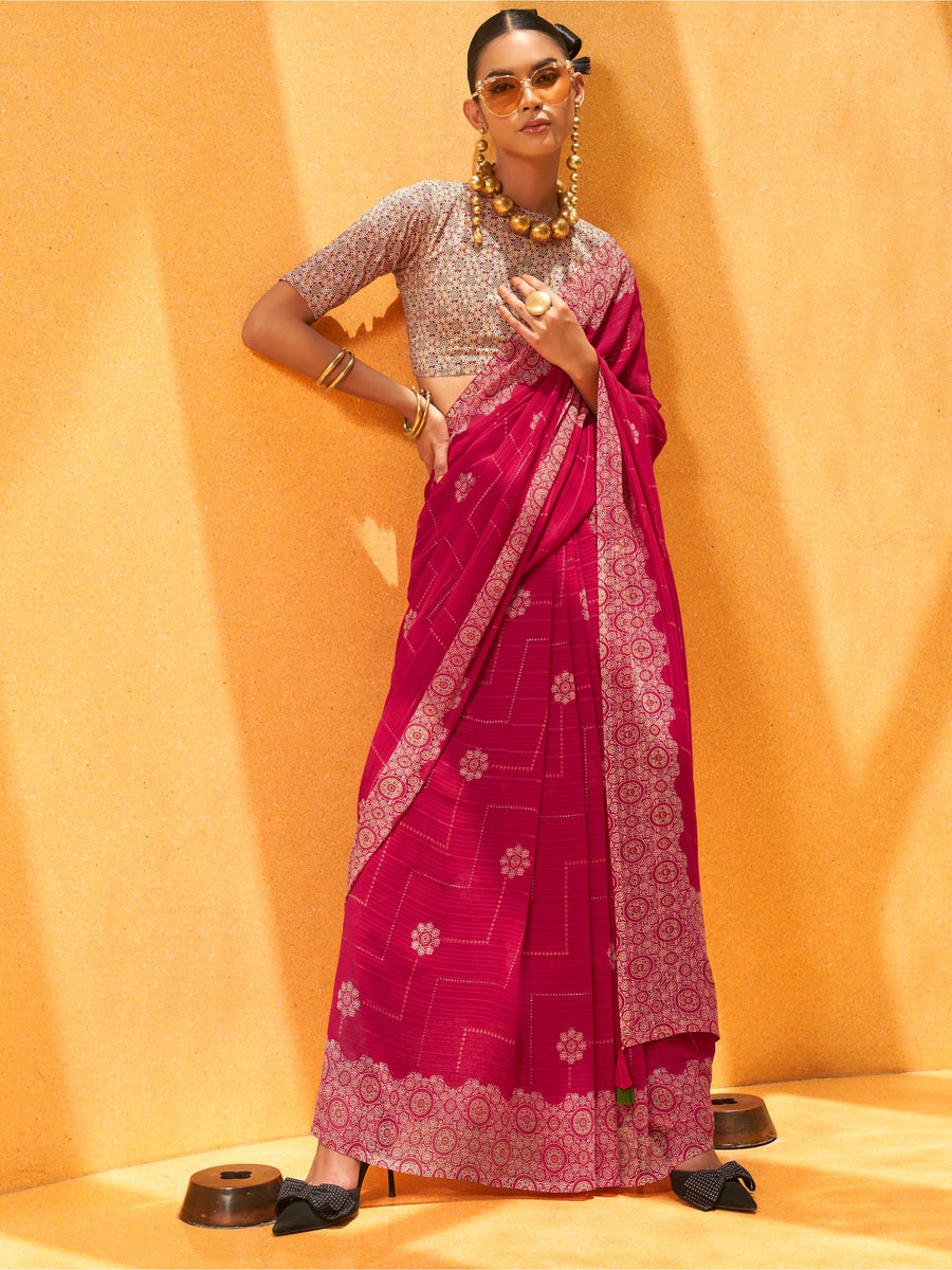 Pink georgette saree crafted for elegance and style.