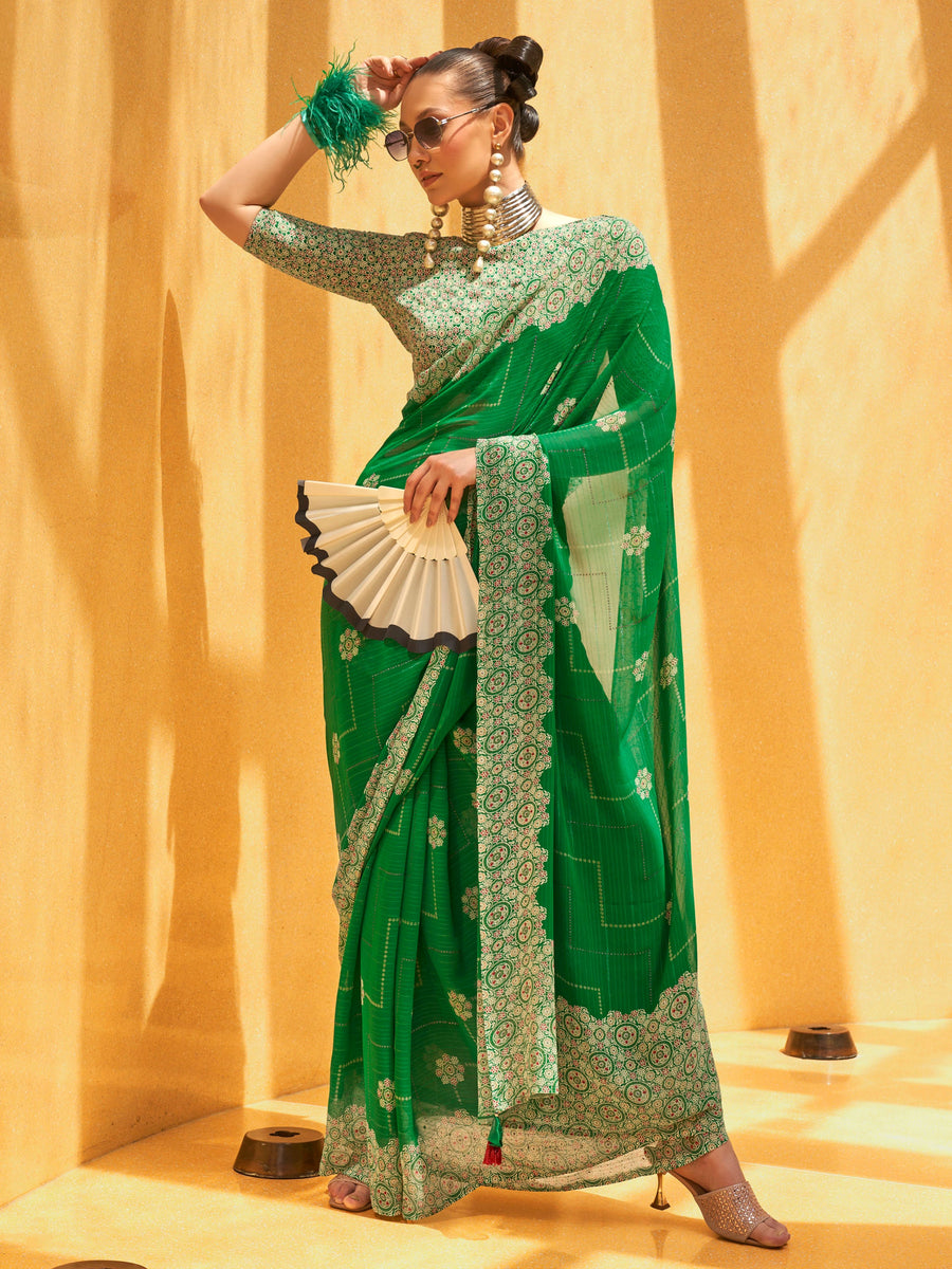 Green georgette saree crafted for elegance and style.