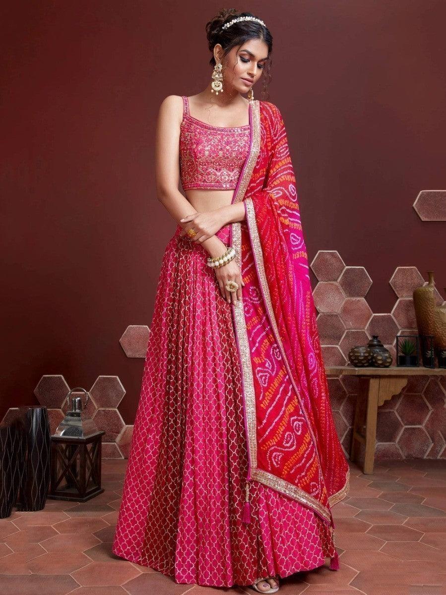 Pink sequins embroidered lehenga choli with bandhani print dupatta.