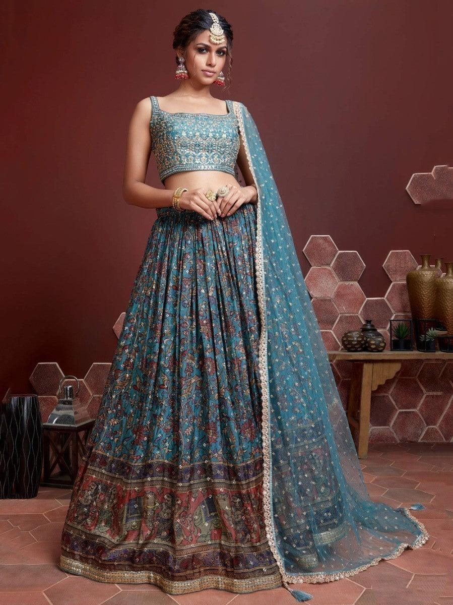 Sky blue printed chinon silk lehenga choli with sequins embroidery.