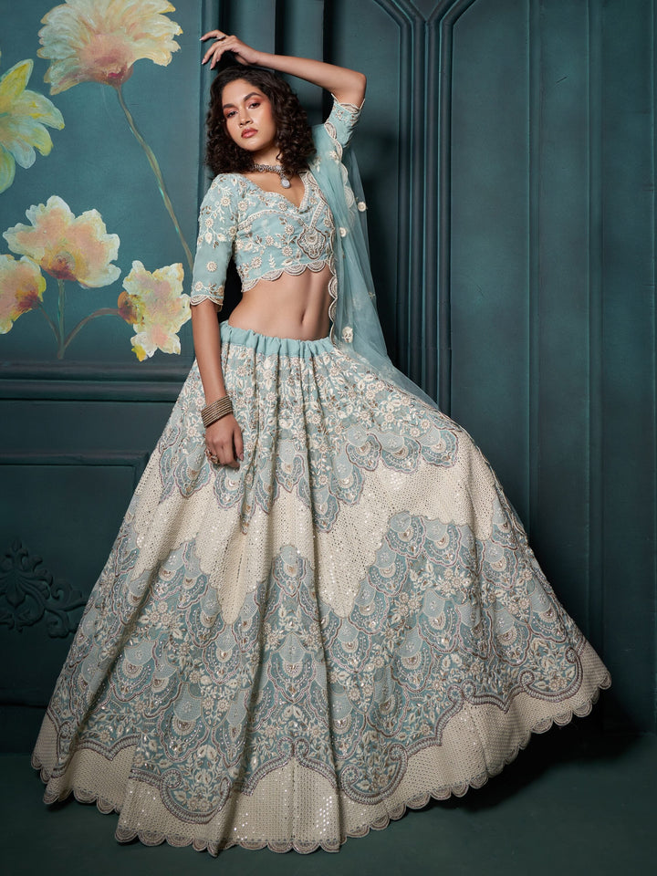 Bewitching Firozi Sequins Georgette Designer Lehenga Choli