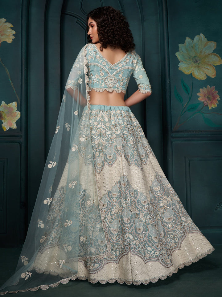 Bewitching Firozi Sequins Georgette Designer Lehenga Choli