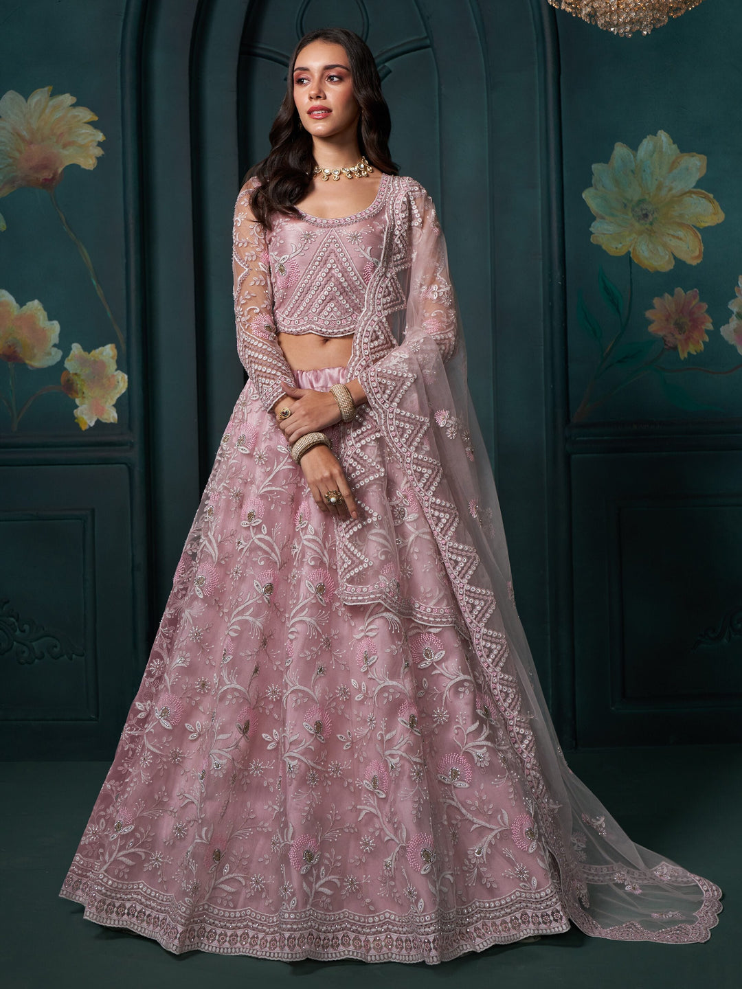 Attractive Pink Embroidered Net Bridesmaid Lehenga Choli