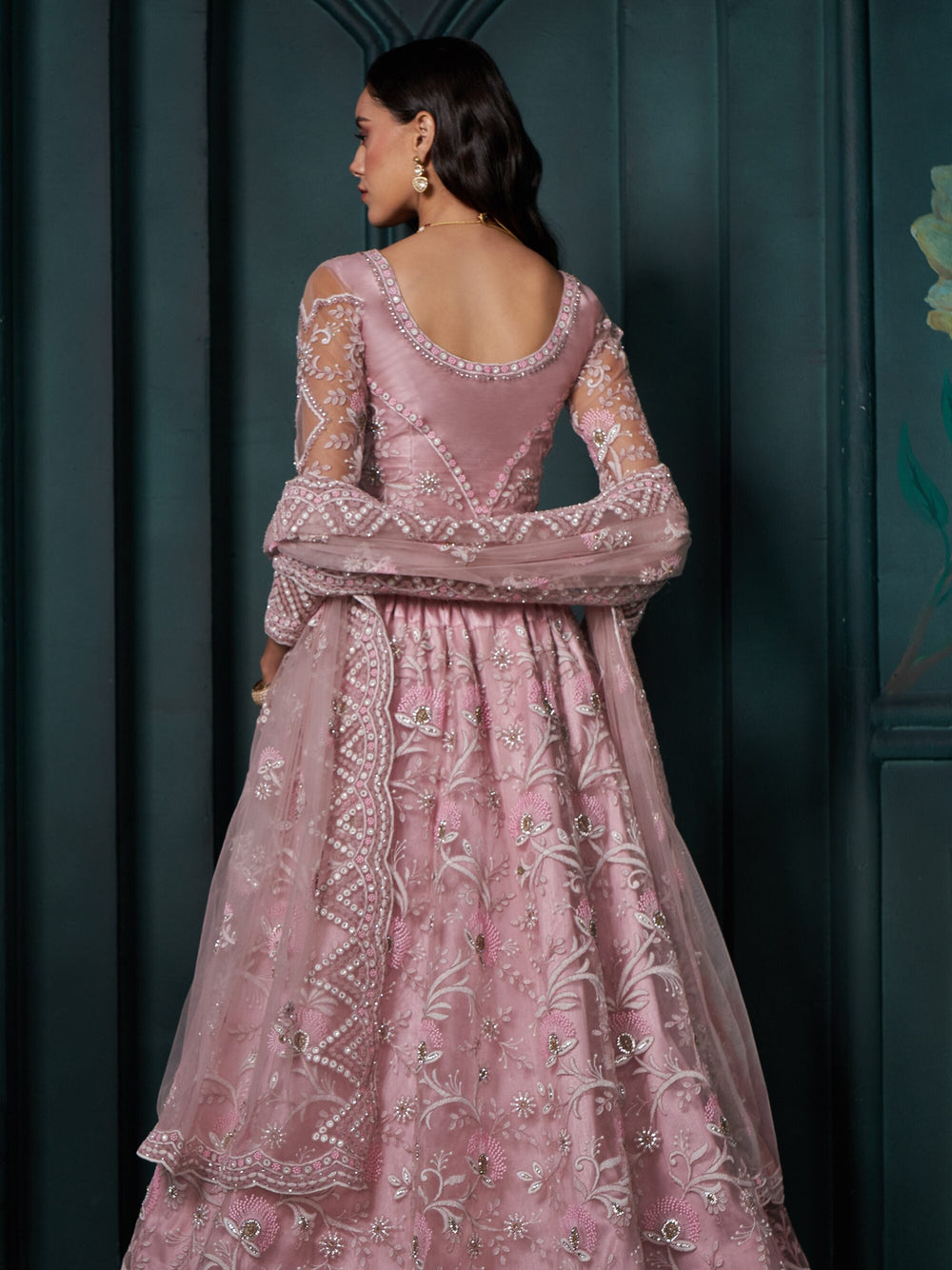 Attractive Pink Embroidered Net Bridesmaid Lehenga Choli