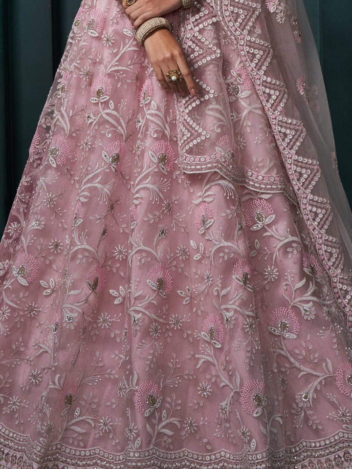 Attractive Pink Embroidered Net Bridesmaid Lehenga Choli