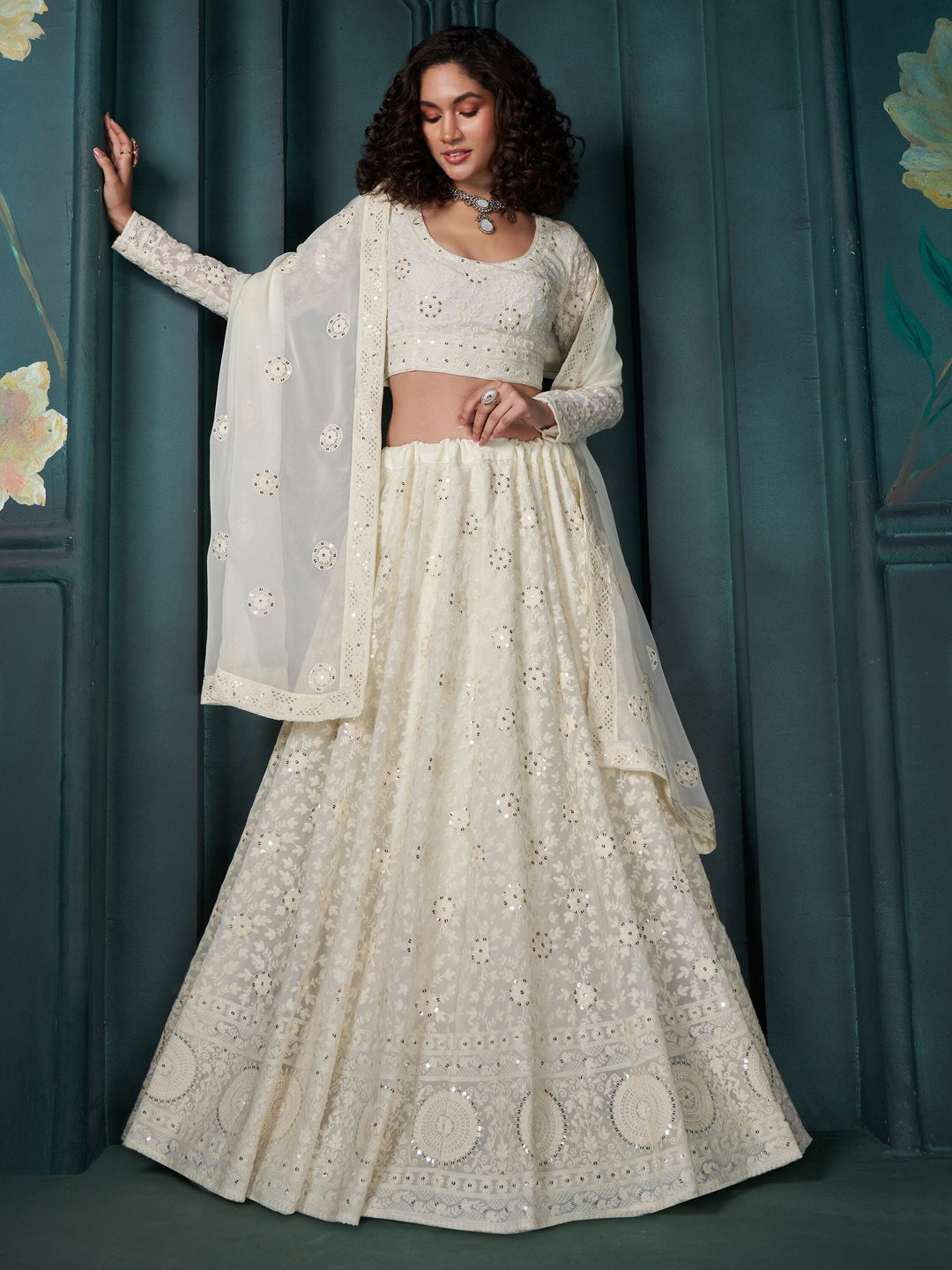 Adorable Off-White Embroidered Georgette Wedding Lehenga Choli