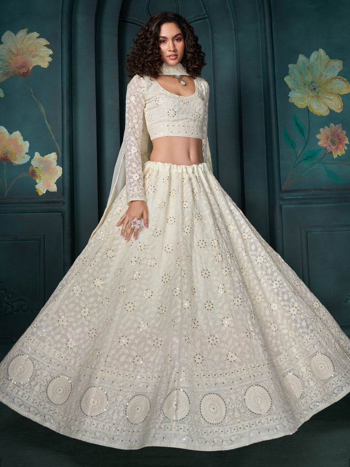 Adorable Off-White Embroidered Georgette Wedding Lehenga Choli