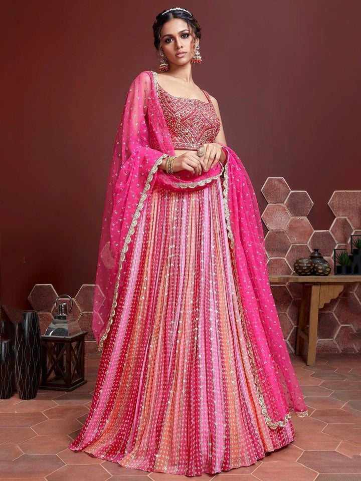 Pink embroidered chinon silk lehenga choli with zari and sequins work.