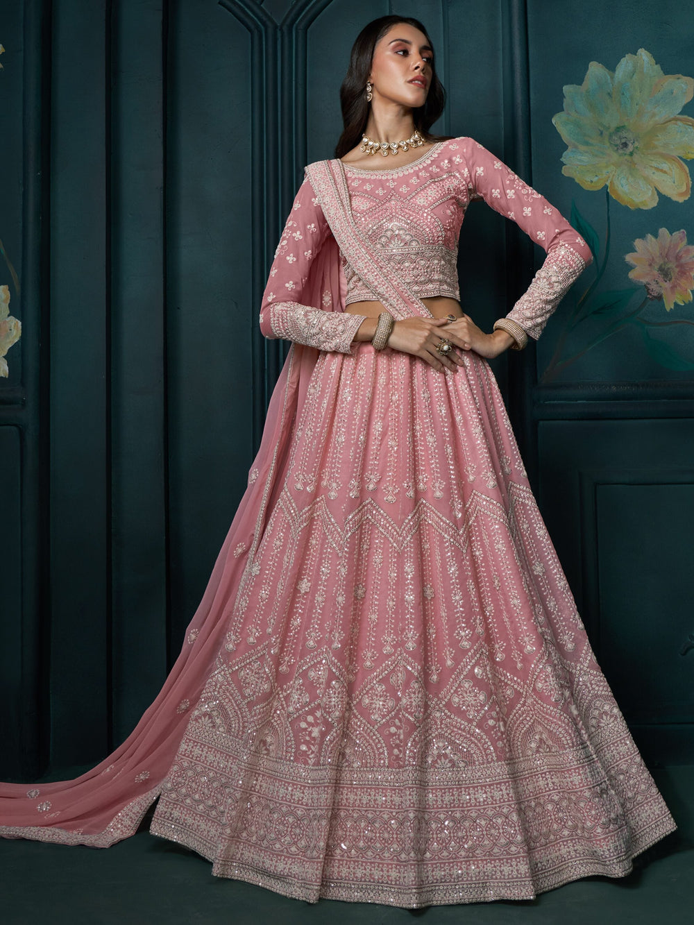 Charming Baby Pink Sequins Georgette Engagement Wear Lehenga Choli