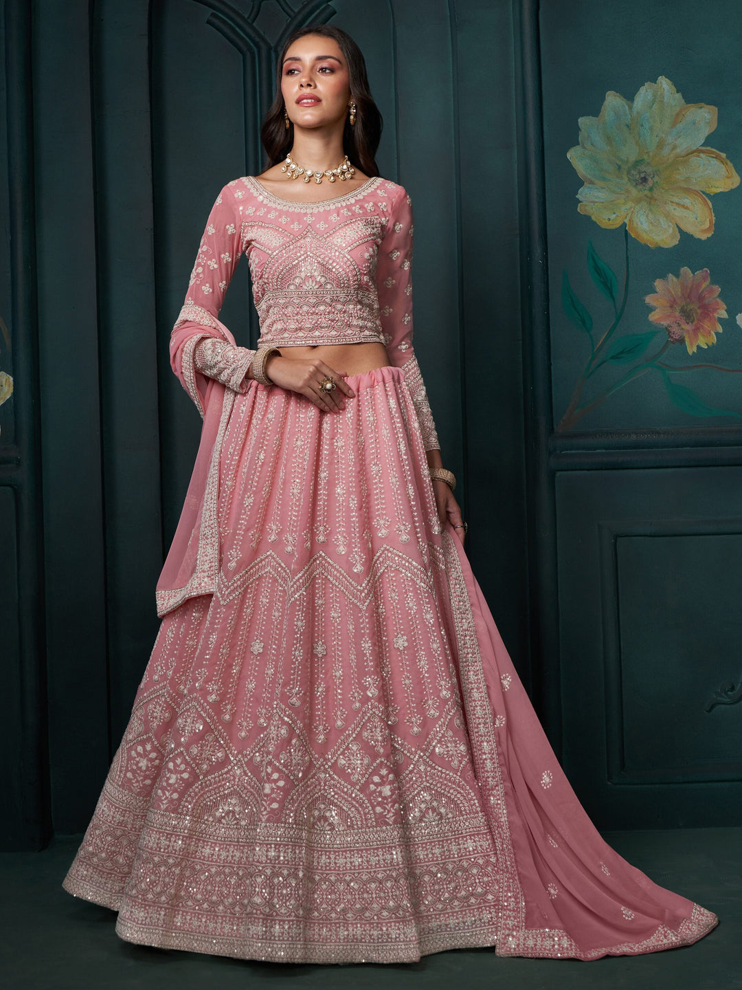 Charming Baby Pink Sequins Georgette Engagement Wear Lehenga Choli