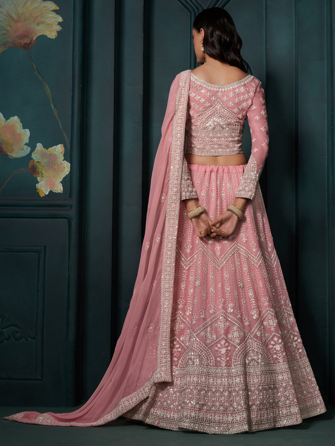 Charming Baby Pink Sequins Georgette Engagement Wear Lehenga Choli