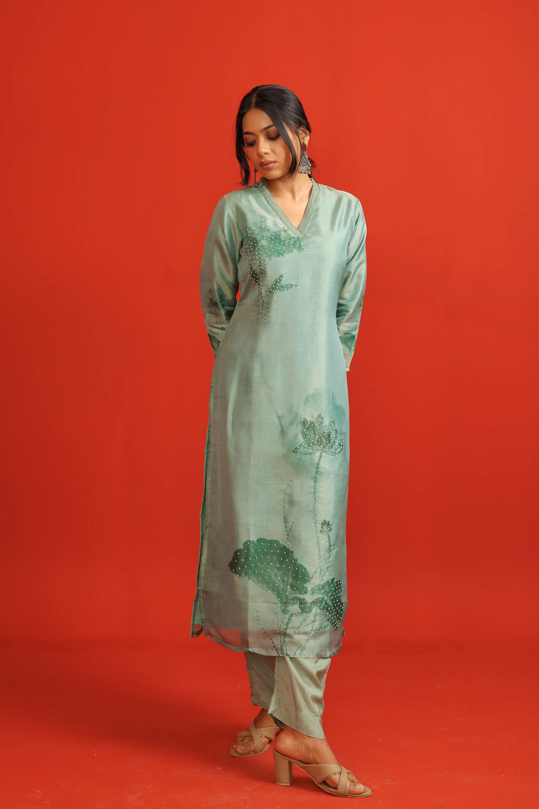 Pastel-green Co-Ord Set | Beautiful soft-silk tissue-silk digital printed Finish