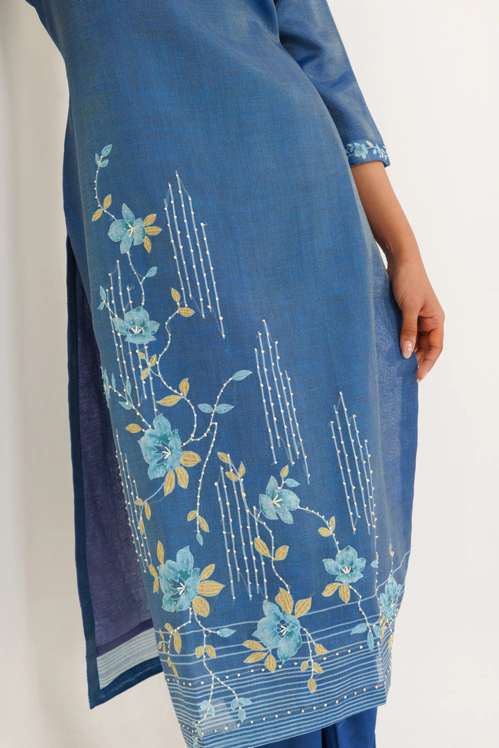 Blue Kurtis Set | Beautiful linen tissue-silk embroidery work Finish