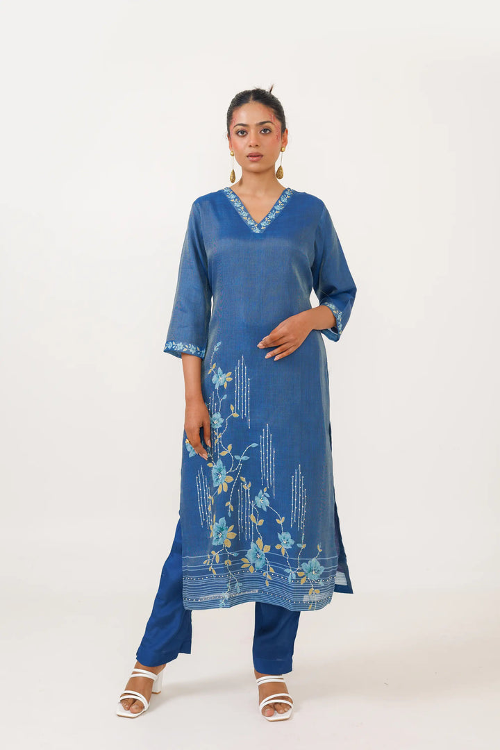 Blue Kurtis Set | Beautiful linen tissue-silk embroidery work Finish