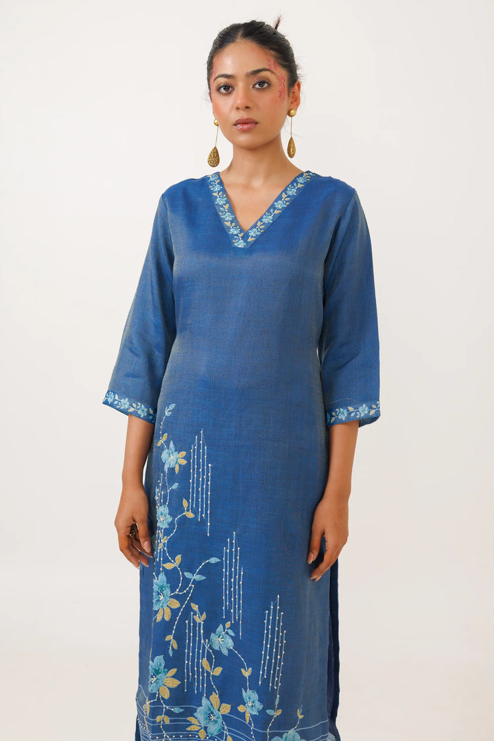 Blue Kurtis Set | Beautiful linen tissue-silk embroidery work Finish