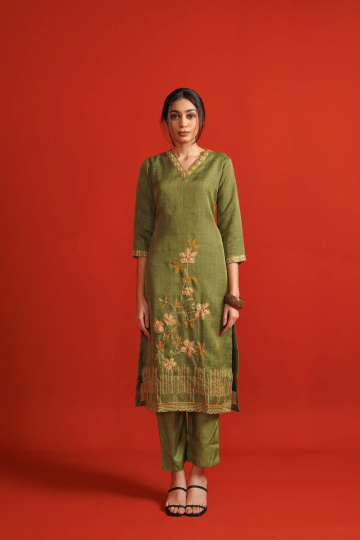 Olive Kurtis Set | Beautiful linen flower printed Finish