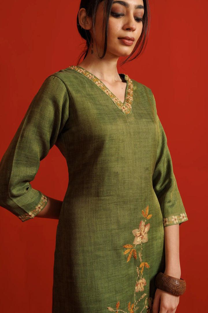 Olive Kurtis Set | Beautiful linen flower printed Finish