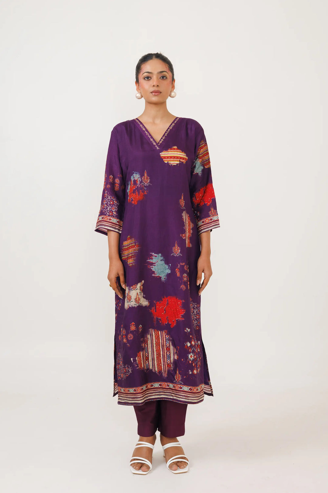 Dark-purple Co-Ord Set | Crafted with muslin and printed embroidery