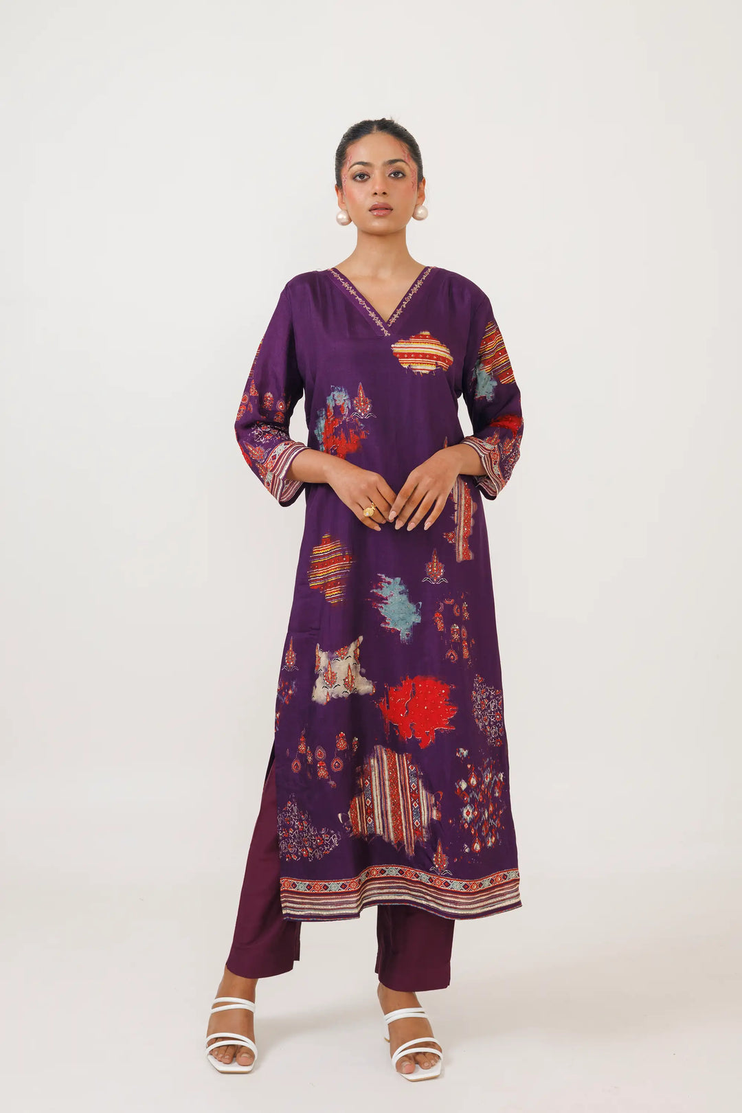 Dark-purple Co-Ord Set | Crafted with muslin and printed embroidery