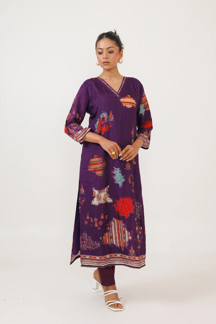 Dark-purple Co-Ord Set | Crafted with muslin and printed embroidery