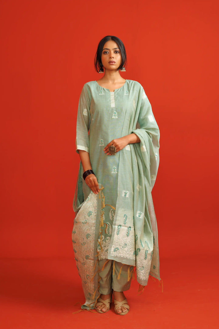 Gray Kurtis Set | Crafted with tissue-silk and woven work hand work