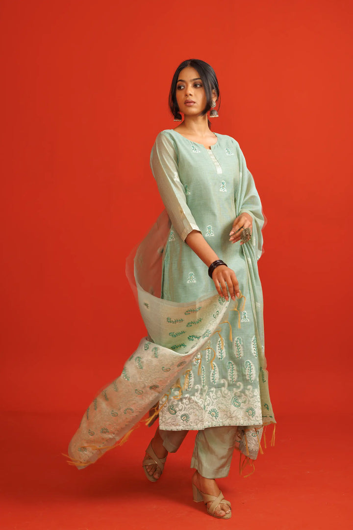 Gray Kurtis Set | Crafted with tissue-silk and woven work hand work