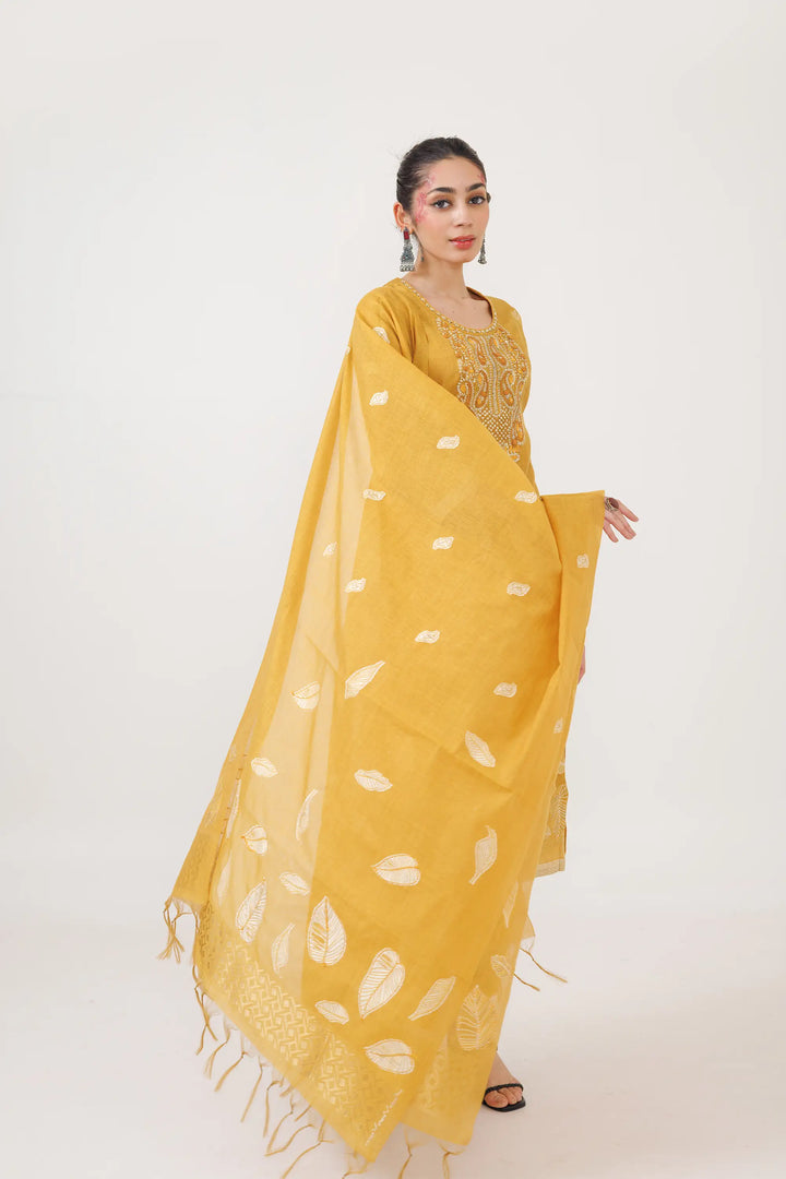 Yellow Salwar Kameez | Beautiful chanderi jamdani weaving designer hand work Fin