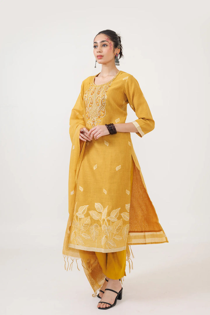 Yellow Salwar Kameez | Beautiful chanderi jamdani weaving designer hand work Fin