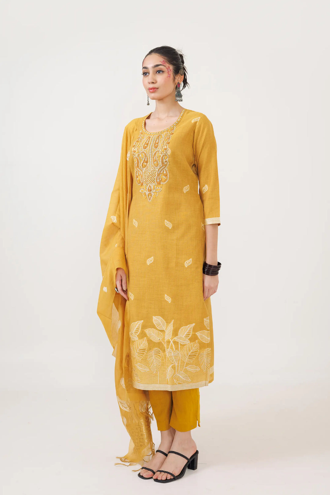 Yellow Salwar Kameez | Beautiful chanderi jamdani weaving designer hand work Fin