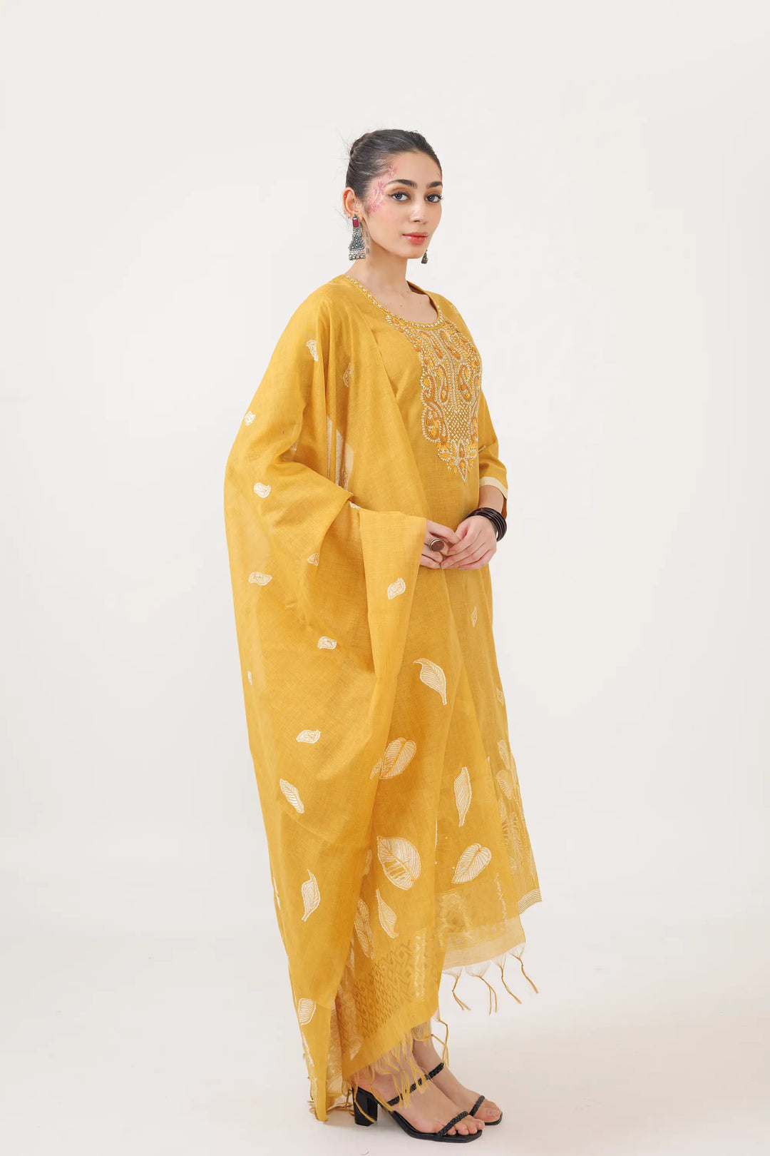 Yellow Salwar Kameez | Beautiful chanderi jamdani weaving designer hand work Fin