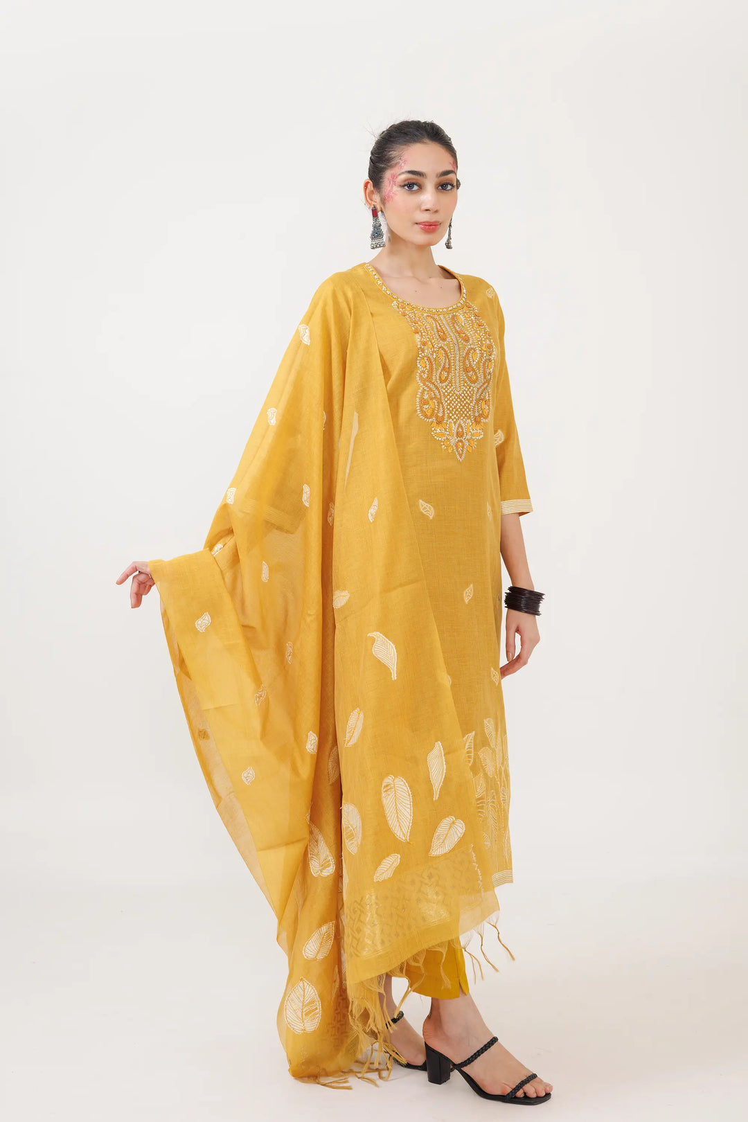 Yellow Salwar Kameez | Beautiful chanderi jamdani weaving designer hand work Fin