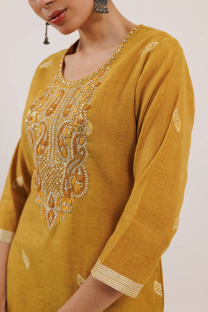 Yellow Salwar Kameez | Beautiful chanderi jamdani weaving designer hand work Fin