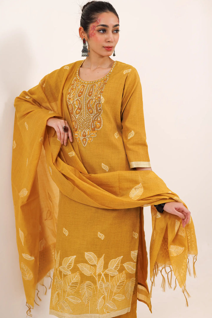 Yellow Salwar Kameez | Beautiful chanderi jamdani weaving designer hand work Fin