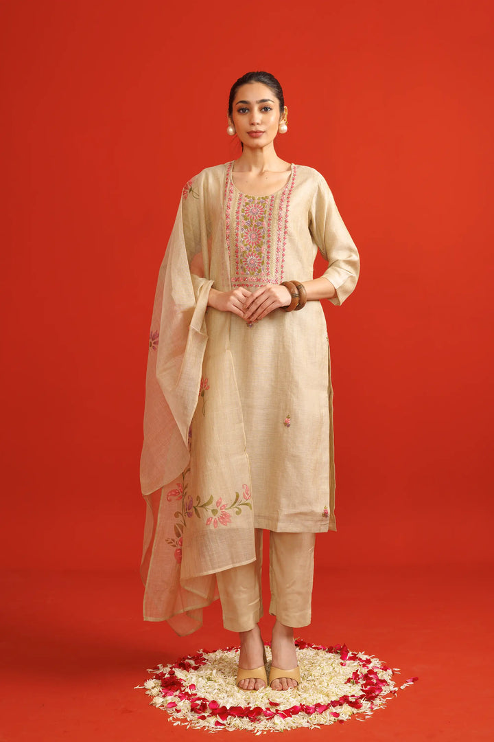 Beige Salwar Kameez | Beautiful chanderi soft-silk thread embroidery work hand w