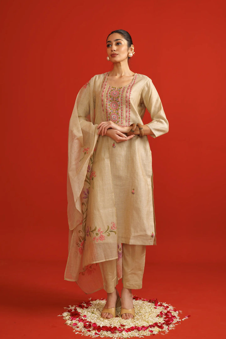 Beige Salwar Kameez | Beautiful chanderi soft-silk thread embroidery work hand w