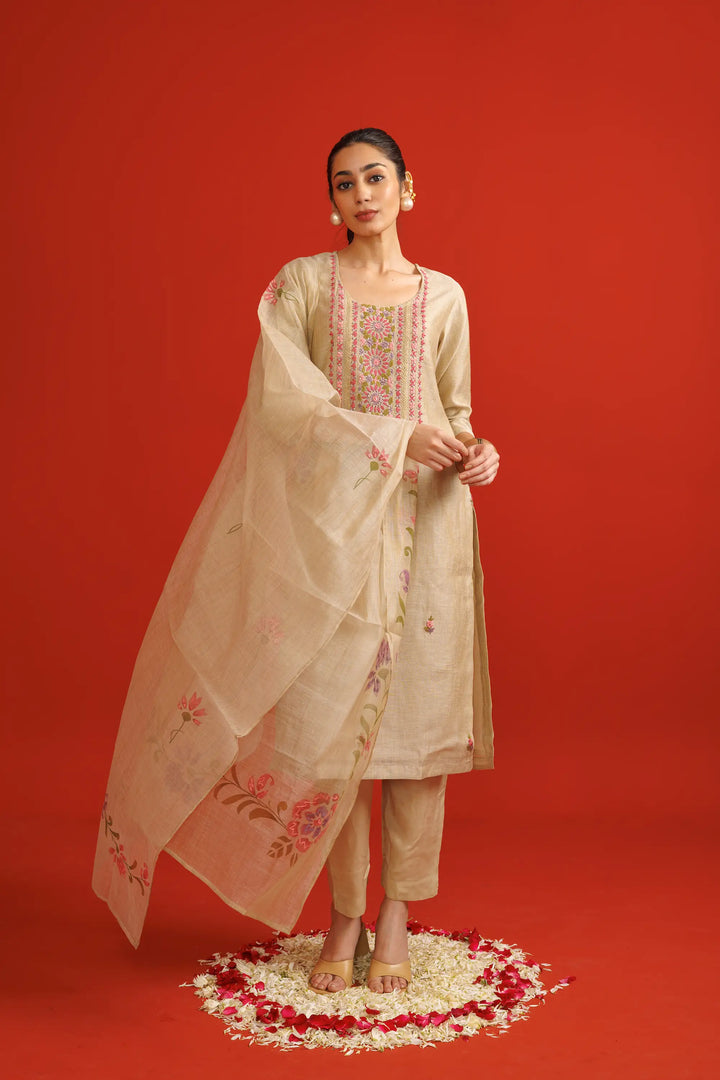 Beige Salwar Kameez | Beautiful chanderi soft-silk thread embroidery work hand w