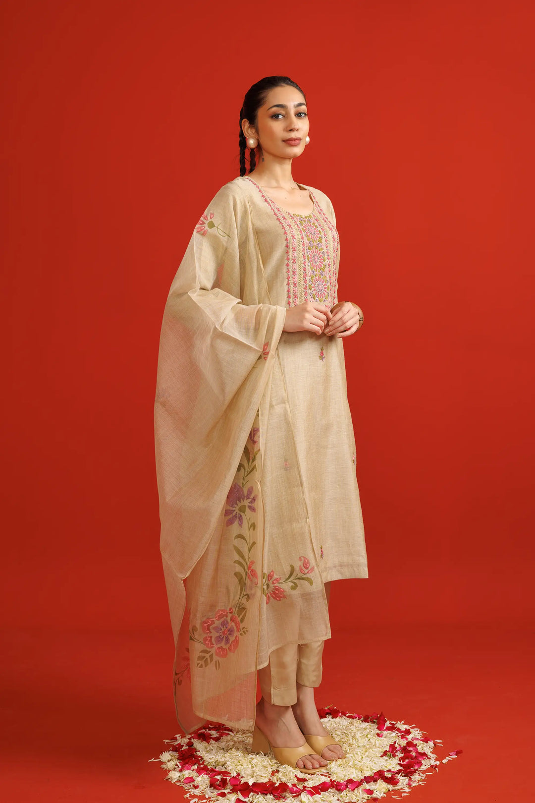 Beige Salwar Kameez | Beautiful chanderi soft-silk thread embroidery work hand w