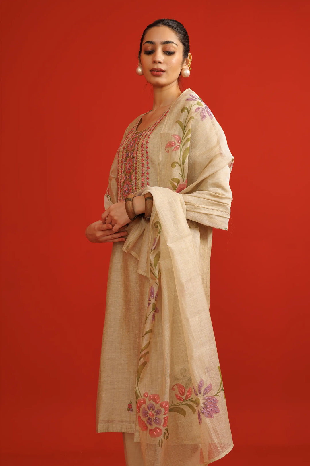 Beige Salwar Kameez | Beautiful chanderi soft-silk thread embroidery work hand w