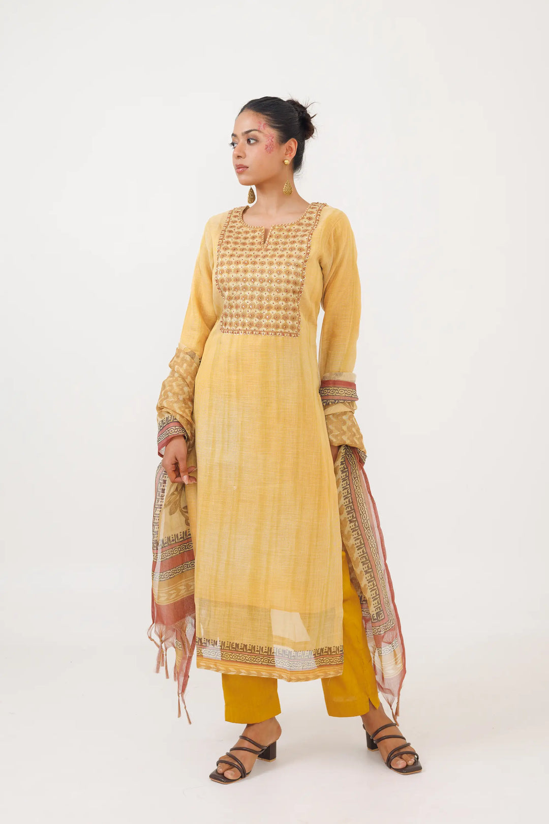 Elegant Kurtis Set | digital print thread linen in mustard