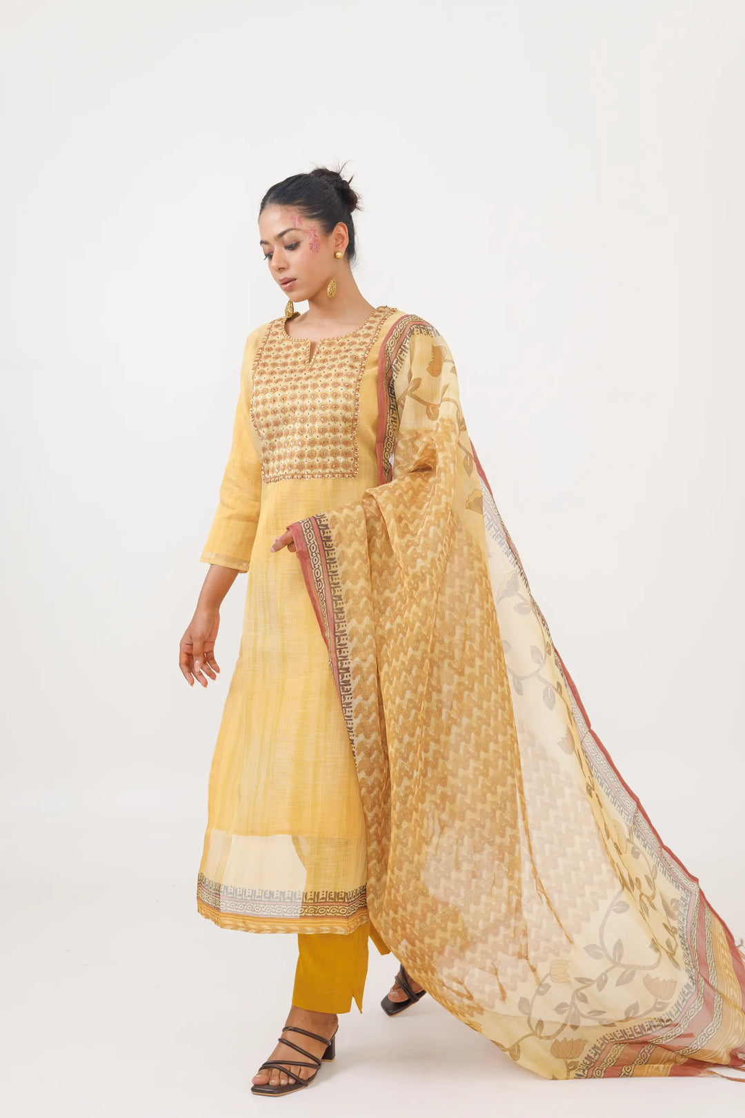 Elegant Kurtis Set | digital print thread linen in mustard