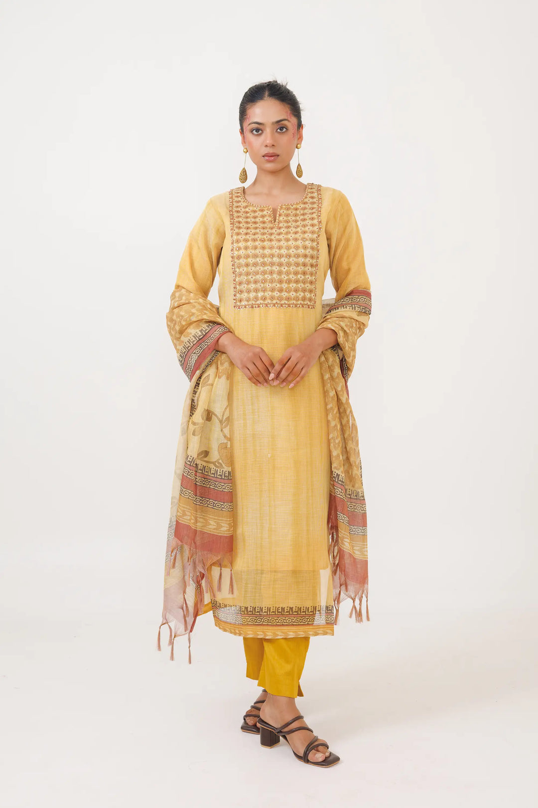 Elegant Kurtis Set | digital print thread linen in mustard