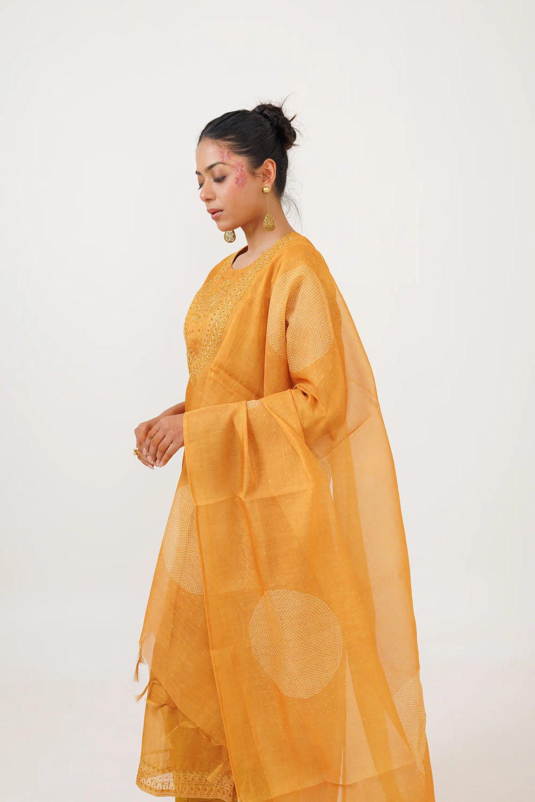 Deep-yellow Kurtis Set | Crafted with linen tissue-silk and digital printed thre