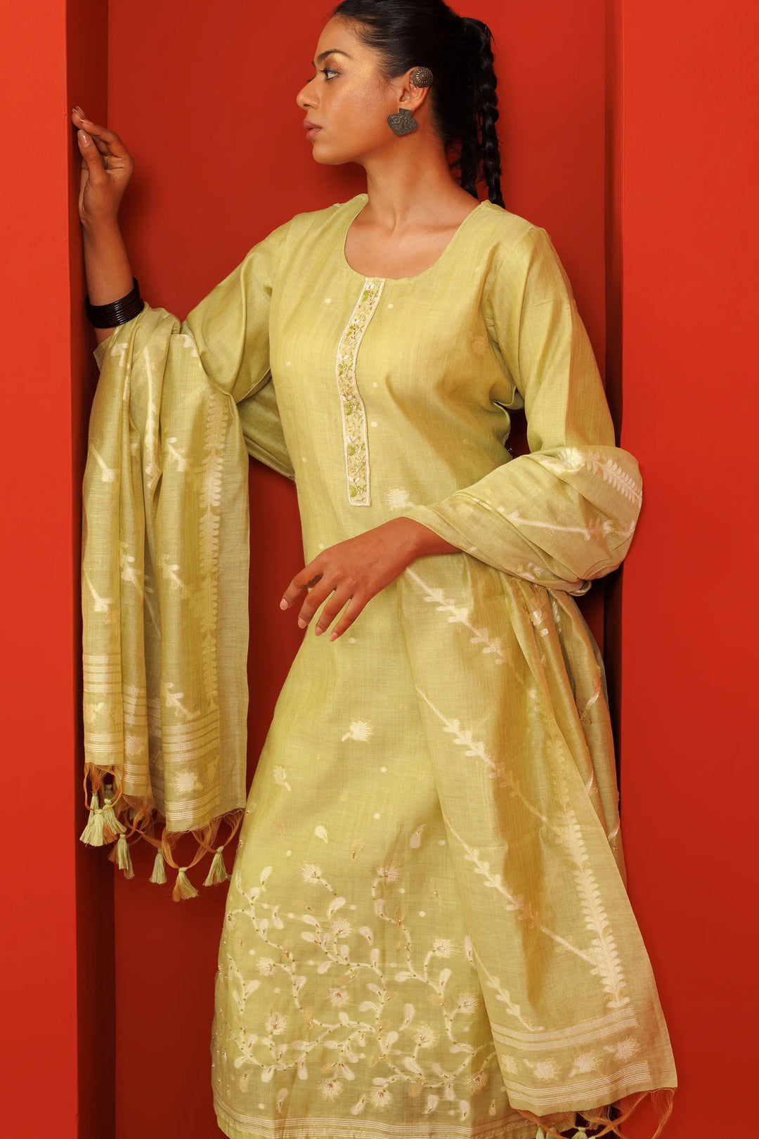 Mustard-green Salwar Kameez | Crafted with chanderi and hand work stripe printed